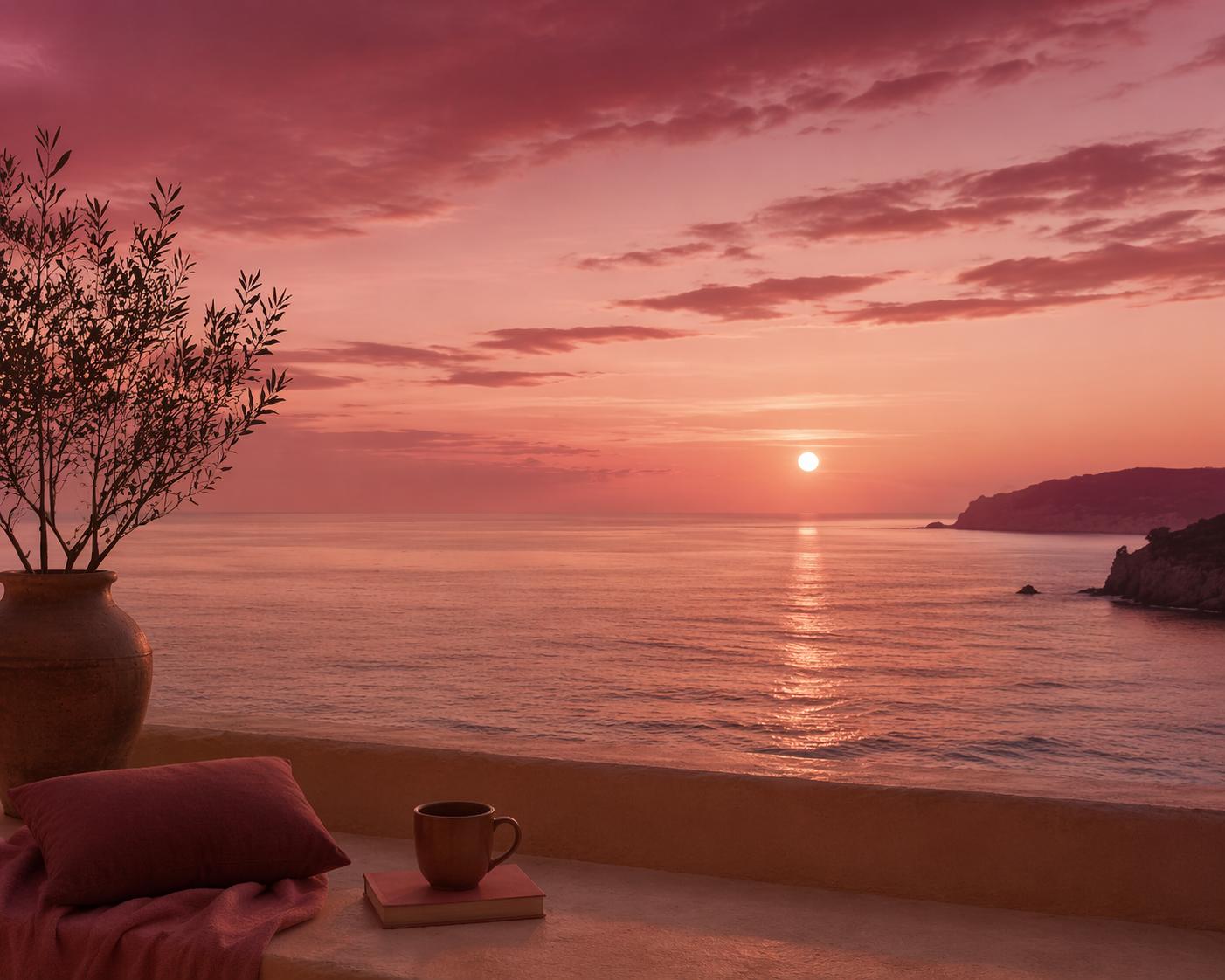 Sonnenuntergang über dem Meer von einer Terrasse aus